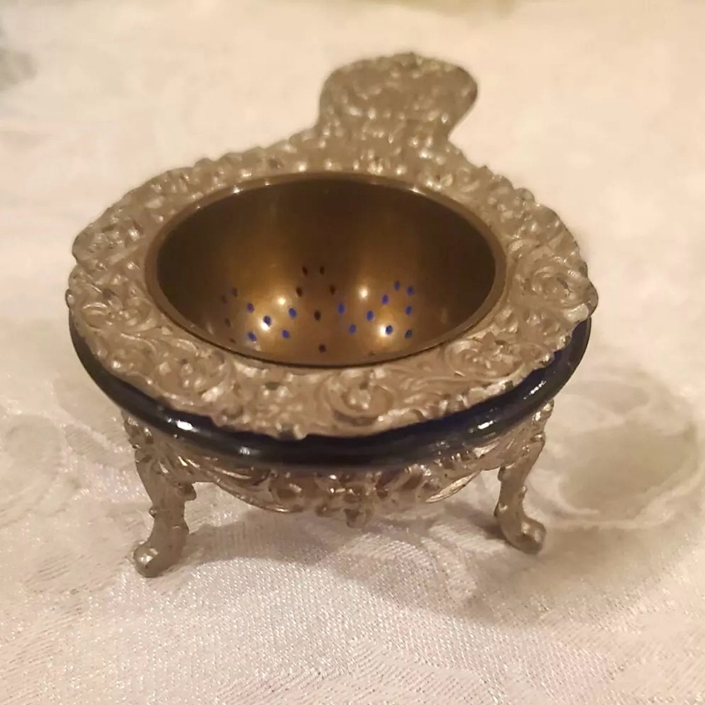 Antique German Silver-Plate Cobalt Blue Glass 3PC Tea Strainer Drip Set
